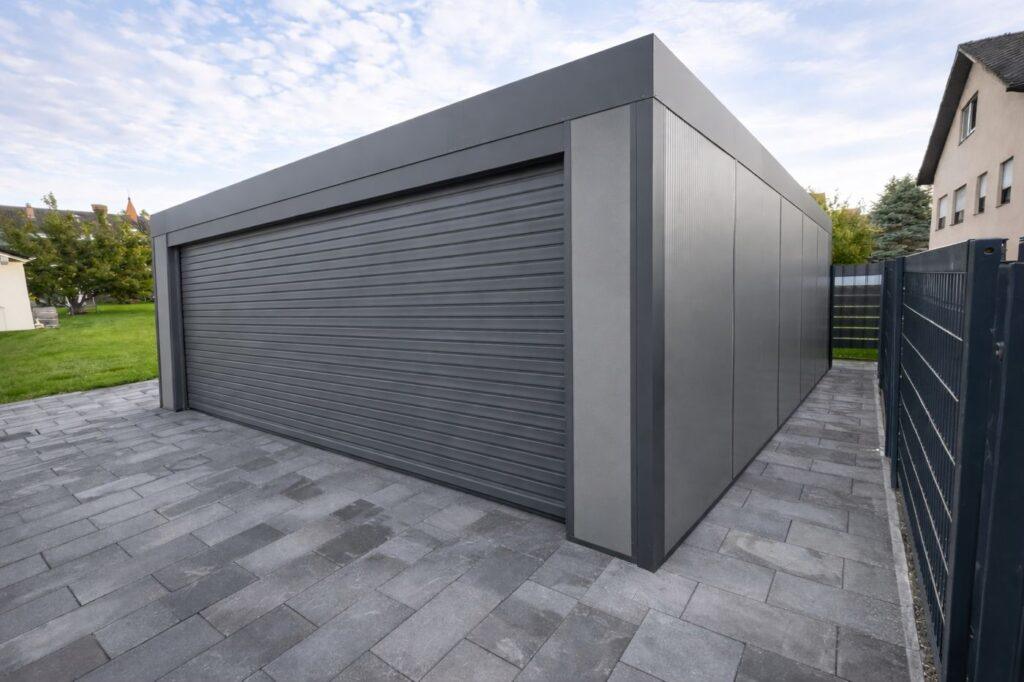 Carport mit Flachdach und geschlossenem Garagentor