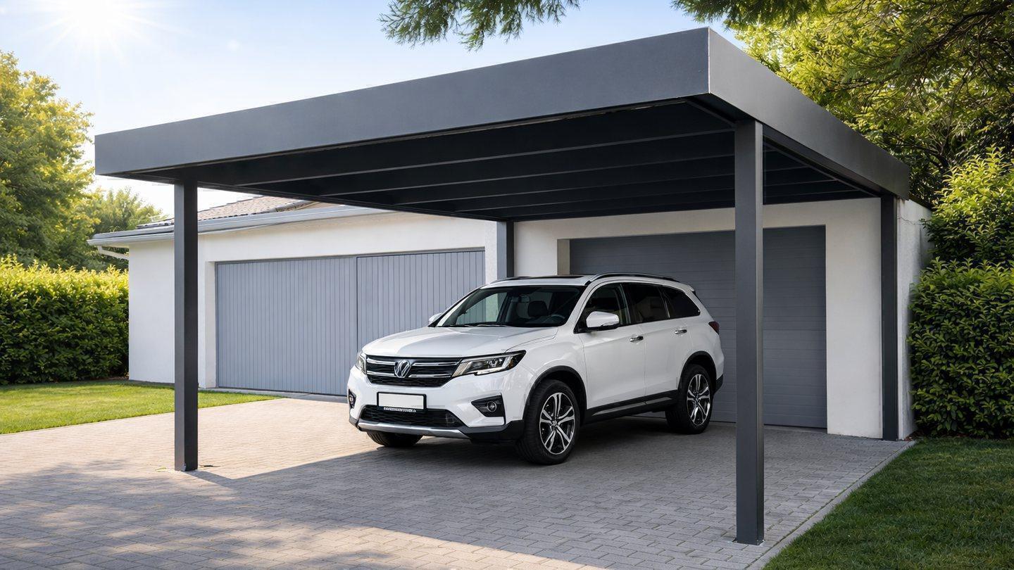 Carport aus Aluminium mit Flachdach neben einer Garage