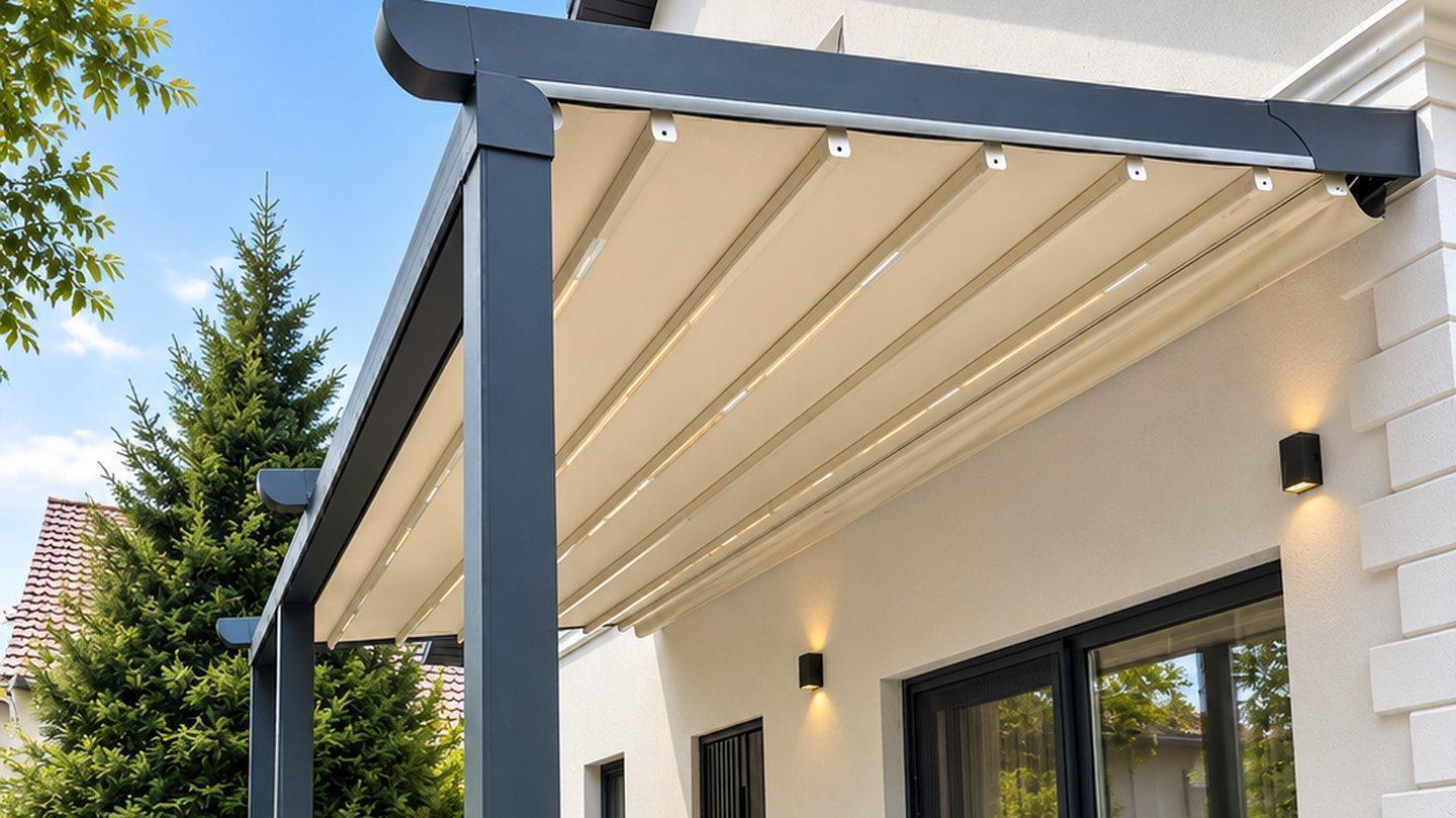 Falt-Pergola mit beleuchtetem Faltdach an einem Wohnhaus